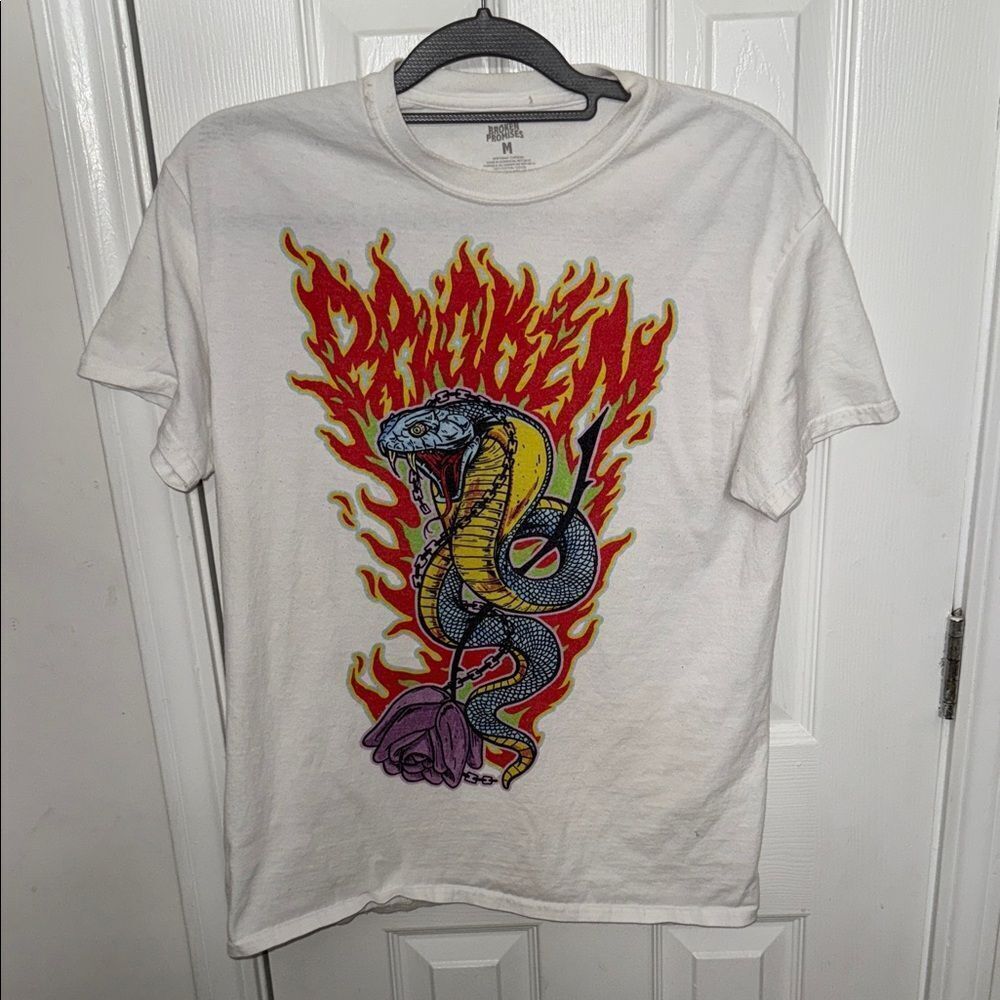 Men's White Graphic Tee with Snake and Flame Design